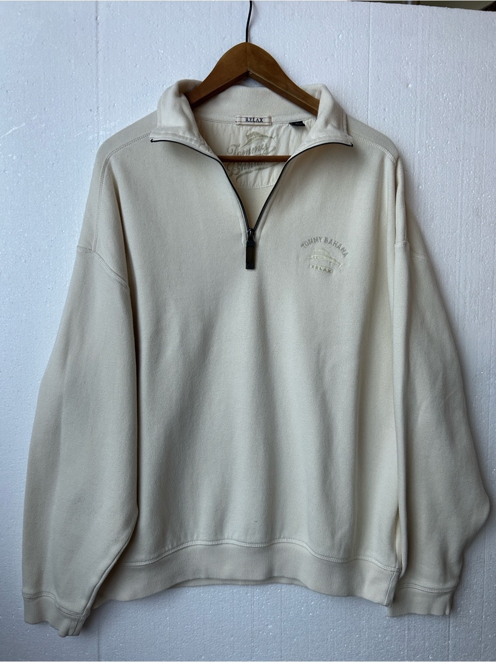 Vintage Tommy Bahama Relaxed Fit Men's Cream Quarter-Zip Sweatshirt. Size XL.